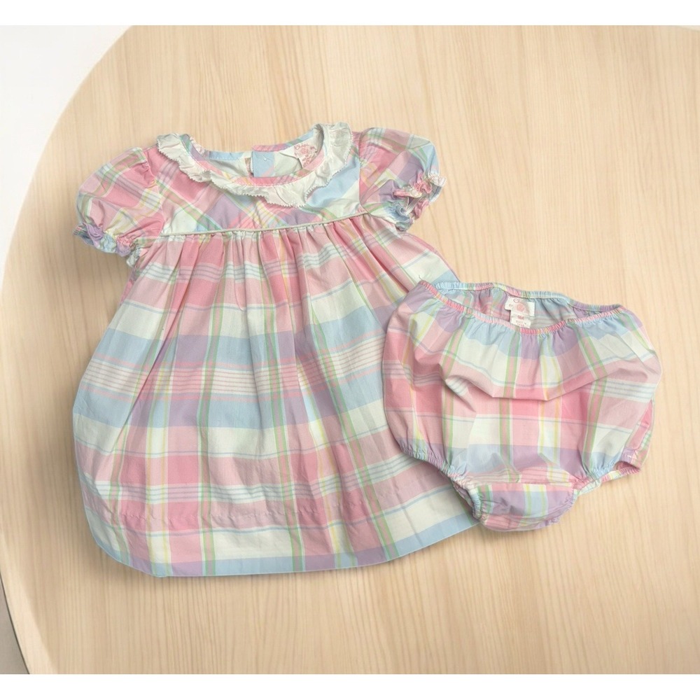VTG Chaps Baby Girls Pink Pastel Dress Bloomers Set Spring Summer‎ EUC Size 9 M